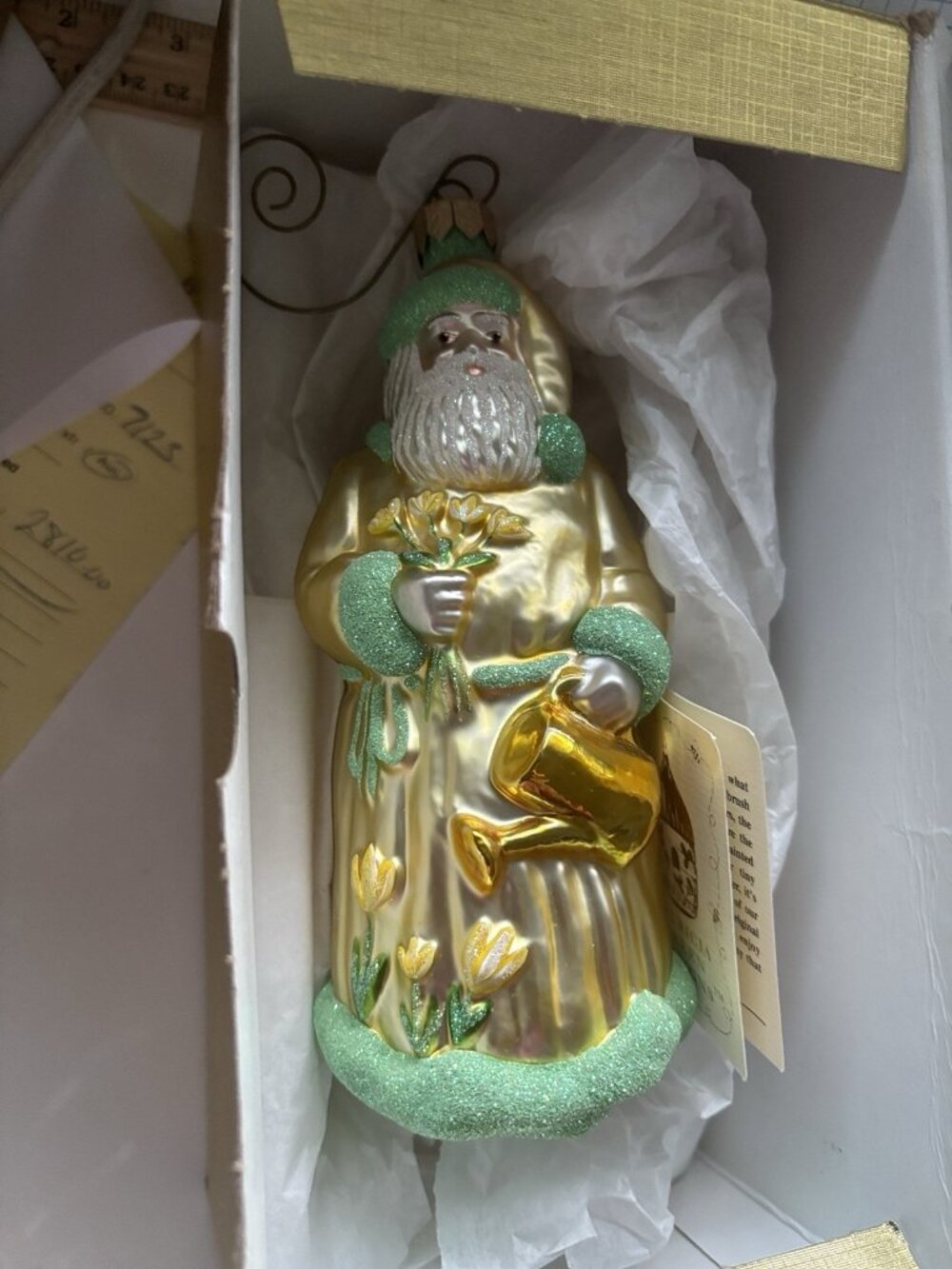 Patricia Breen Glass Yellow Santa Ornament  “Santa Dreams Of Spring” 6”